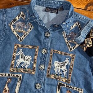 New Direction Denim Jacket Womens Large Blue Safari Animal Patchwork Embroidered